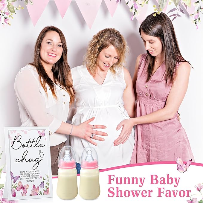 Roowest Bottle Chug Baby Shower Game Favors Including Pink Butterfly Theme Wooden Sign and 18 Pcs Feeding Bottles for Gender Reveal Party Supplies