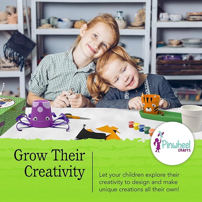 Pinwheel Crafts Flower Pot Painting Kit – DIY Flower Pots to Paint for Kids with 8 Paints, 2 Brushes, 3 Pots & 6 Googly Eyes, Gardening Kit for Kids Ages 8-12+, Kid Planting Crafts Set Birthday Gift