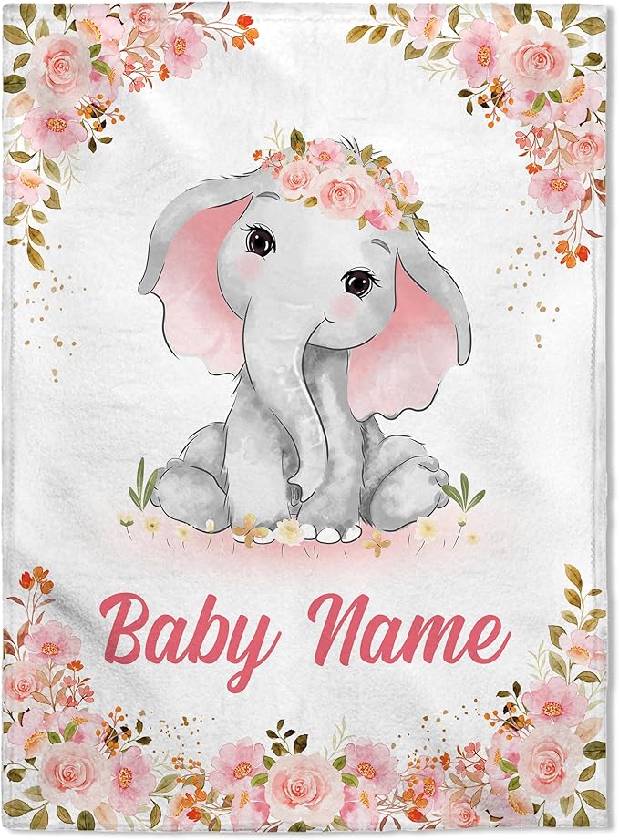 FLOCHIL Personalized Baby Blankets, Custom Baby Blanket - Baby Blanket with Name for Girls, Best Gift for Newborn Elephants Plush Fleece (30x40)