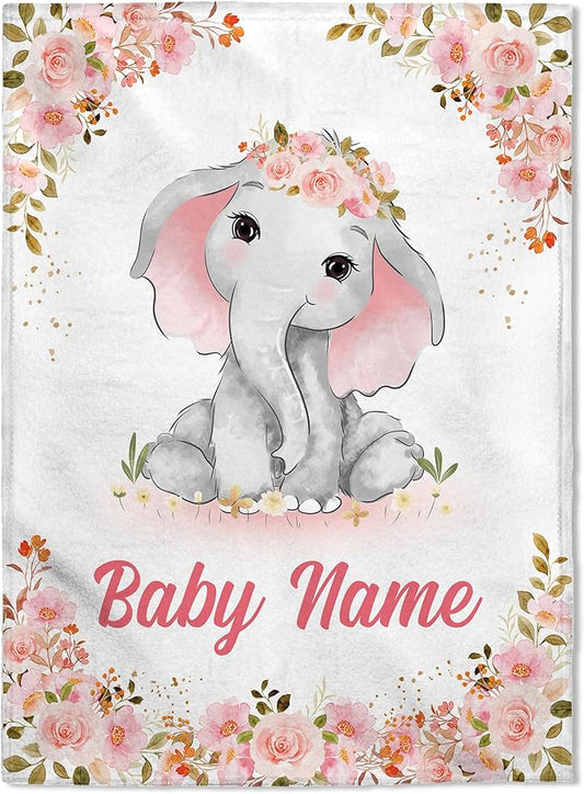 FLOCHIL Personalized Baby Blankets, Custom Baby Blanket - Baby Blanket with Name for Girls, Best Gift for Newborn Elephants Plush Fleece (30x40)