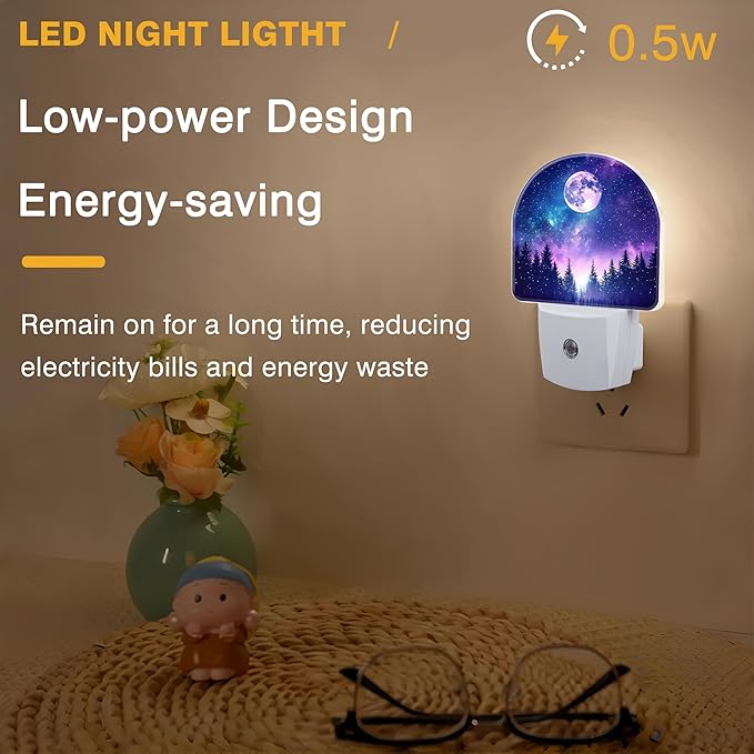 Moon Galaxy Star Night Light, Starry Sky and Forest Night Lights Plug into Wall Dusk to Dawn Sensor Round Nightlight for Women Men Energy Efficient Led Lamp 0.5W for Stairway Hallway Bedroom