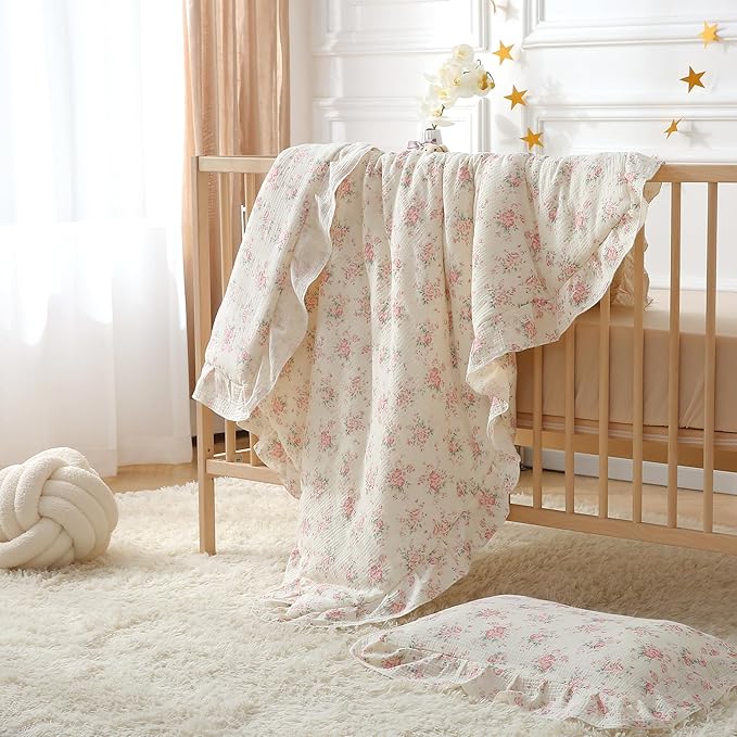 100% Cotton Muslin Crib Comforter/Quilt,Ultra Soft Cozy Reversible Baby Blanket,All Season Toddler Blankets for Boys and Girls, Machine Washable,41"x48"