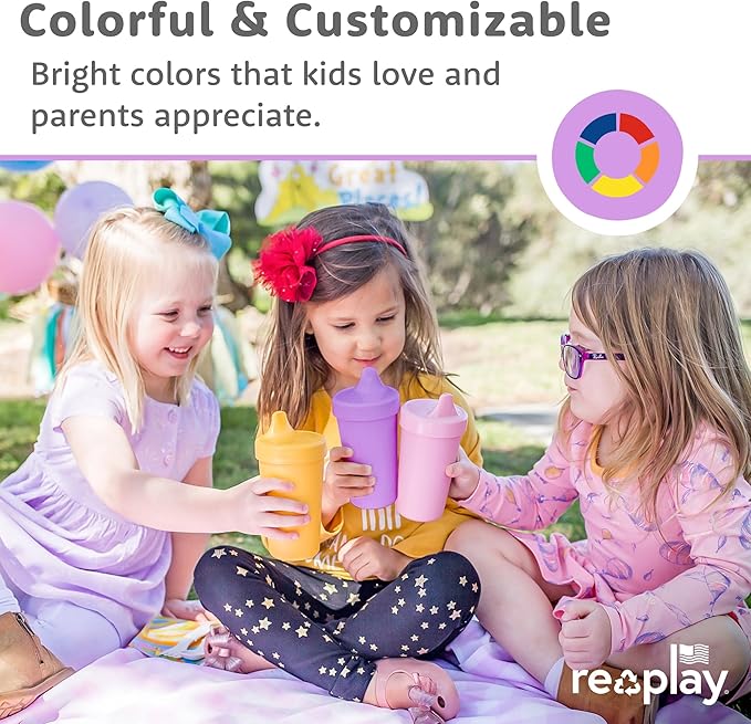 Re-Play Spill-Proof Sippy Cups - Reusable 10 Oz Set of 6, Dishwasher & Microwave Safe, Made in USA, Meadow