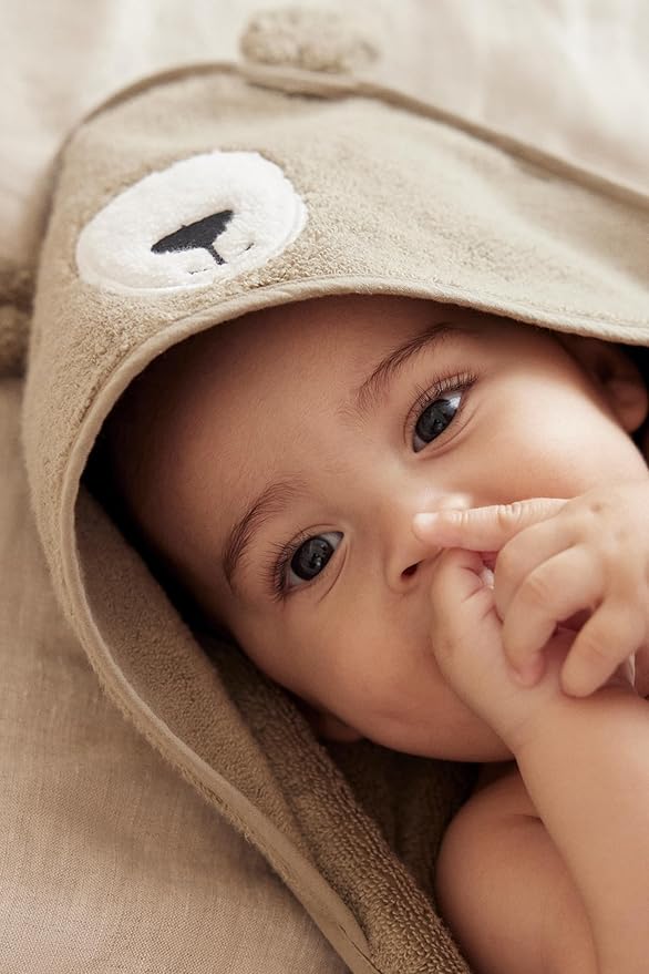 MORI Baby Hooded Bath Towel with Bear Design in Taupe - Unisex Soft Cotton Wrap Cloth for Infants and Newborns - 30 x 30”