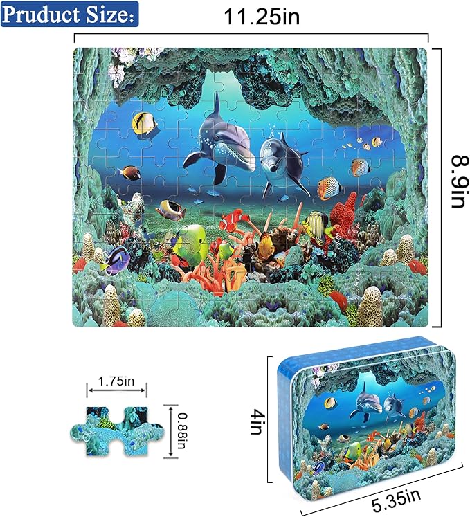 LELEMON Underwater World Puzzles for Kids Ages 4-8,100 Piece Ocean Dolphins Fishes Jigsaw Puzzle for Children,Learning Educational Toys for Boys and Girls