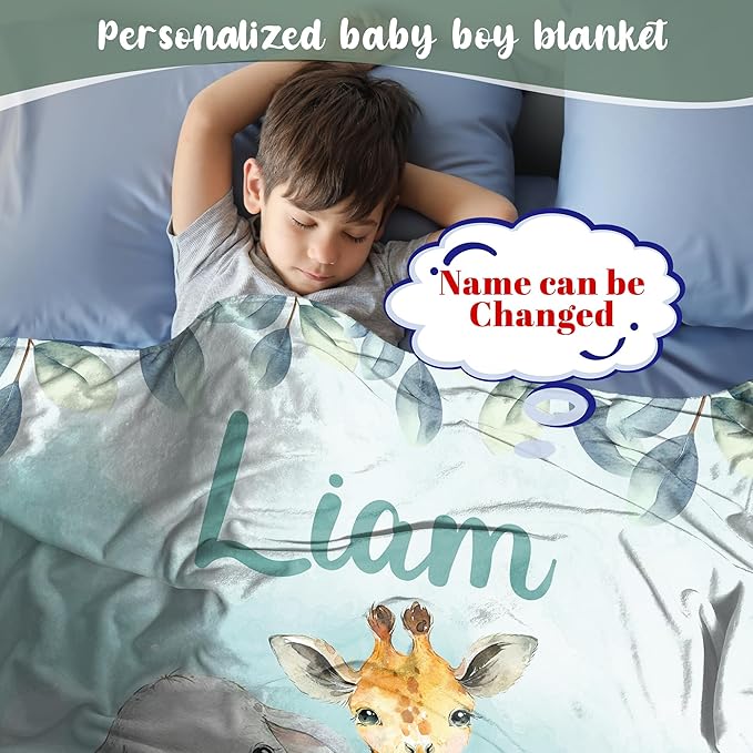 J&SBGFT Personalized Baby Blanket for Boys,Custom Baby Blanket with Name, Customized Name Blanket Receiving Blankets for Toddlers Kids Nursery Stroller Crib Decor Throw,Safari Animal Forest