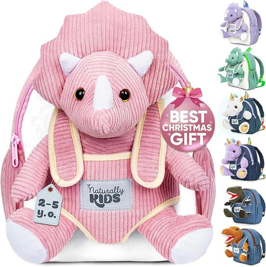 Naturally KIDS Pink Dinosaur Toys for Girls, Triceratops Toy, Dinosaur Gifts for 2 3 Year Old Girls, Toddler Backpack