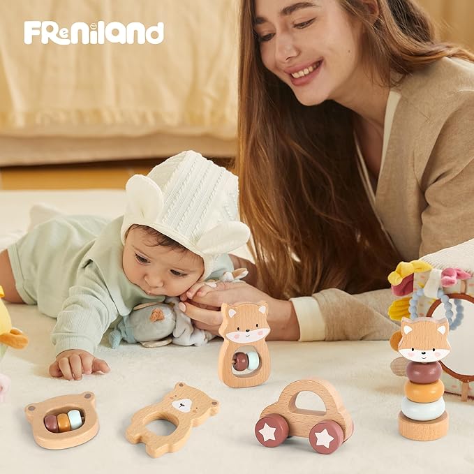 Freniland Wooden Montessori Toys, 5-Piece Wooden Baby Toys, Bear Wooden Baby Rattle, Fox Stacking Ring,Wooden Car Push and Pull Toys, Bear Grasping Toys,Newborn Baby Gift Sets for Boys and Girls