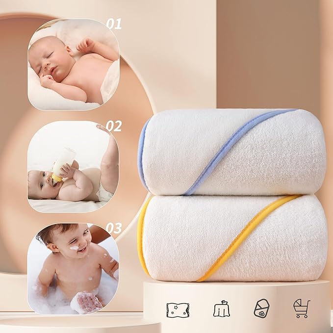 POLYTE Premium Hypoallergenic Microfiber Hooded Baby Bath Towel, 36 x 36 in, 2 Pack (White w/Yellow,Blue Trim)