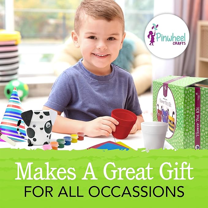 Pinwheel Crafts Flower Pot Painting Kit – DIY Flower Pots to Paint for Kids with 8 Paints, 2 Brushes, 3 Pots & 6 Googly Eyes, Gardening Kit for Kids Ages 8-12+, Kid Planting Crafts Set Birthday Gift