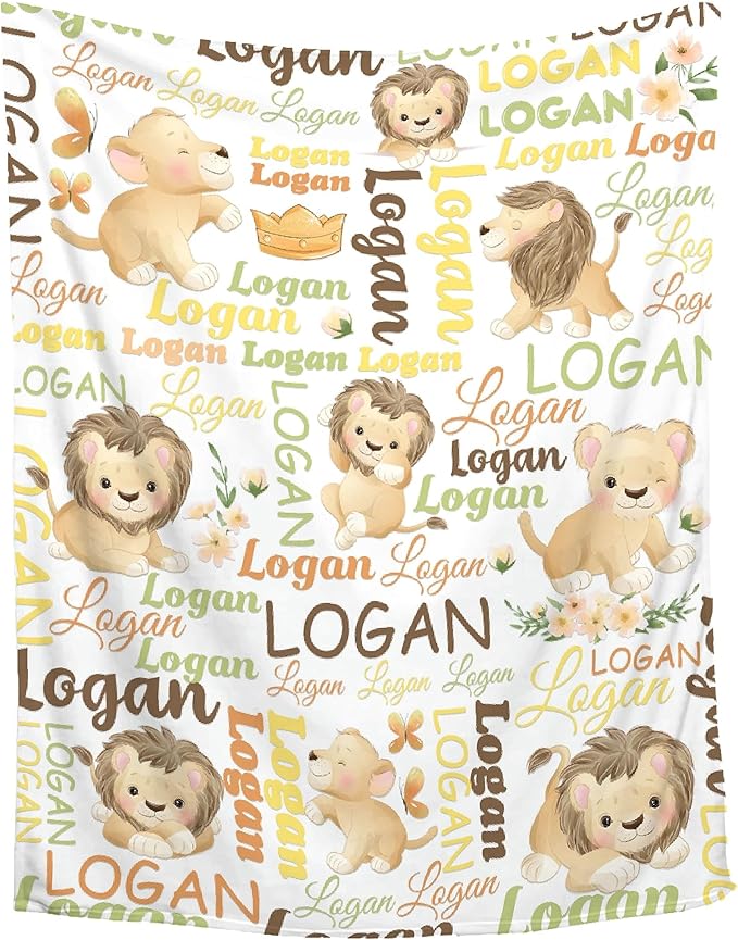 Personalized Custom Baby Blanket with Name - Lion Swaddle Blanket for Toddlers, Infants, Kids, Shower, Newborns - Nursery Stroller Crib Decor Throw - Birthday Gift