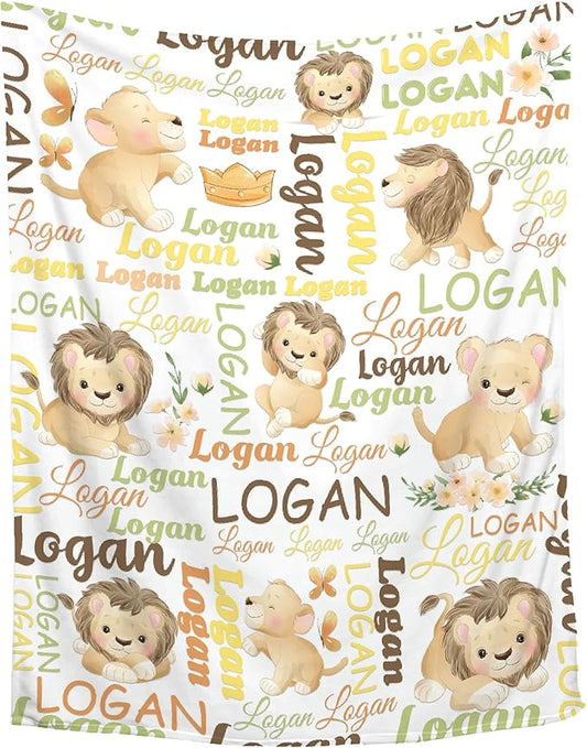 Personalized Custom Baby Blanket with Name - Lion Swaddle Blanket for Toddlers, Infants, Kids, Shower, Newborns - Nursery Stroller Crib Decor Throw - Birthday Gift