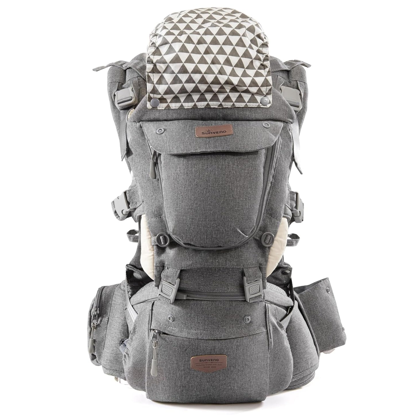 SUNVENO 3 in 1 Ergonomic Baby Carrier with Hip Seat for Newborns and Toddlers, Supports 20 lbs and Up, Waist and Back Relief with Large Weight Capacity for All Season Use, Grey