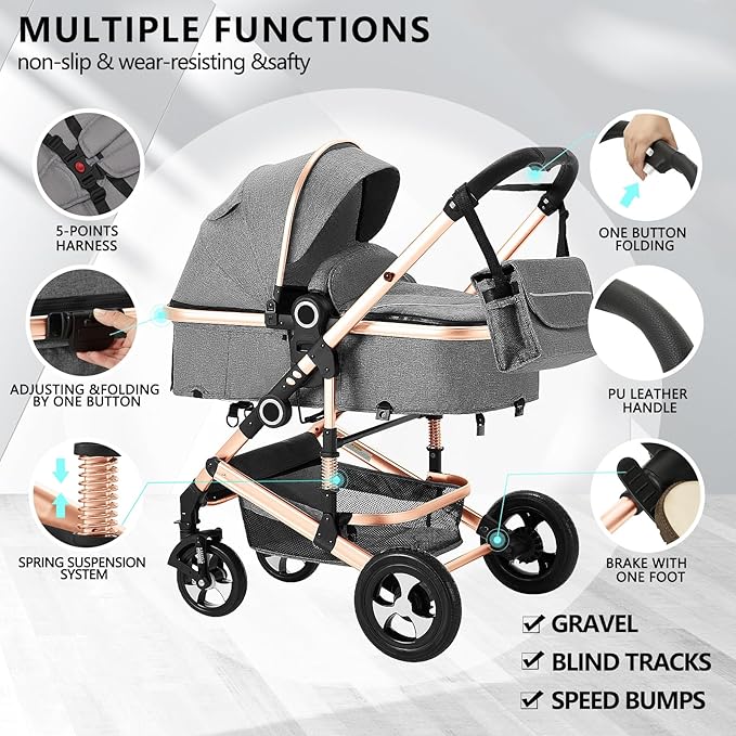Kinder King 2 in 1 Convertible Baby Stroller, Folding High Landscape Infant Carriage, Newborn Reversible Pram, Adjustable Canopy, Diaper Bag, Anti-Shock Toddler Pushchair Stroller, Gold