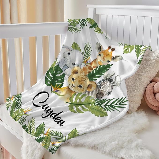 J&SBGFT Personalized Baby Blanket for Boys,Custom Baby Blanket with Name, Customized Name Blanket Receiving Blankets for Toddlers Kids Nursery Stroller Crib Decor Throw,Safari Animal Leaf