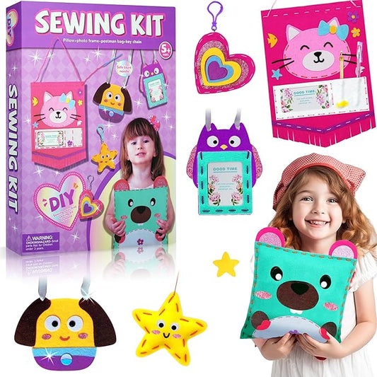 Aimiffy Kids Sewing Kit for Girls - Beginner Arts & Crafts,Make 6 Projects of Animal Knitting Kit for Beginners Arts and Crafts,Birthday Gifts for Girl 5-12 Years, Toddler Learn to Sew and Embroidery