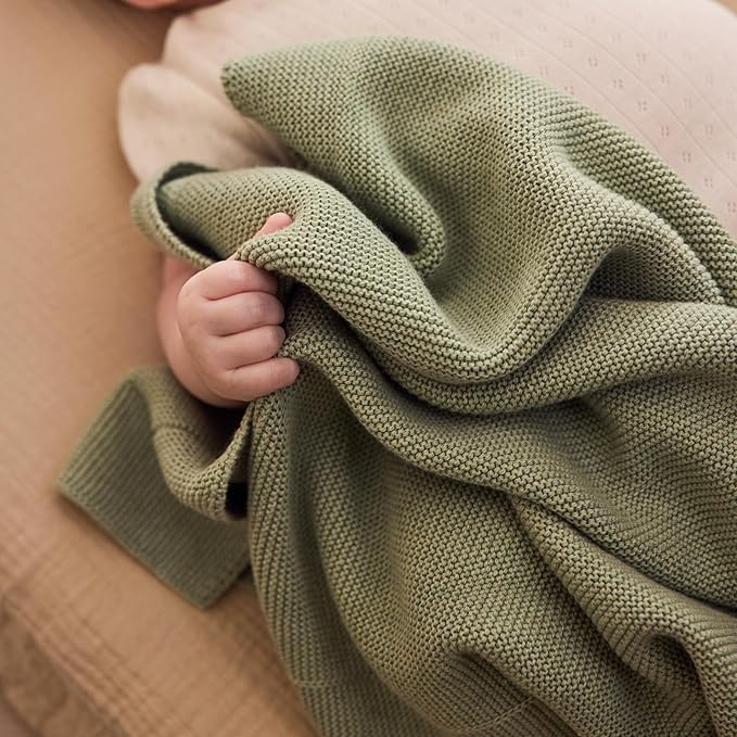 Knitted Organic Cotton Baby Blanket- Swaddle Blanket, 30" x 40" Soft Receiving Blanket for Newborn (Roman Green)