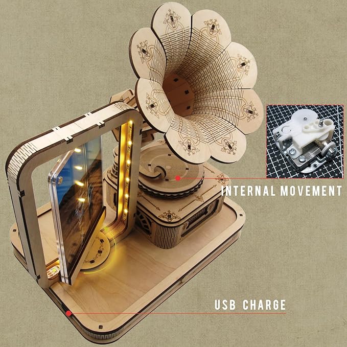 CUBERIE 3D Puzzles for Adults, Gramophone Wooden Model kit Music Box Gifts for Woman Man, Assembly Three-D Wood Puzzle Decor with Acrylic Picture Frame, Toys for Ages 14 and up