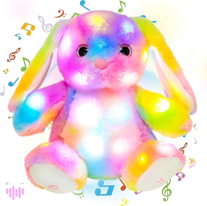 Hopearl LED Musical Stuffed Bunny Colorful Lighting Up Singing Plush Rabbit Adjustable Volume Lullaby Animated Soothe Birthday Festival for Kids Toddlers, 10''