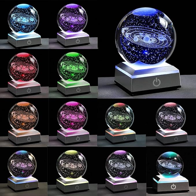 3d Solar System Model Crystal Ball 80mm 3.15inch - Outer Space Astronomy Gifts Room Decor Crystal Sphere Unique Gifts For Men Him Best Birthday Dad Physics Science Teacher Night Light Planet Lamp