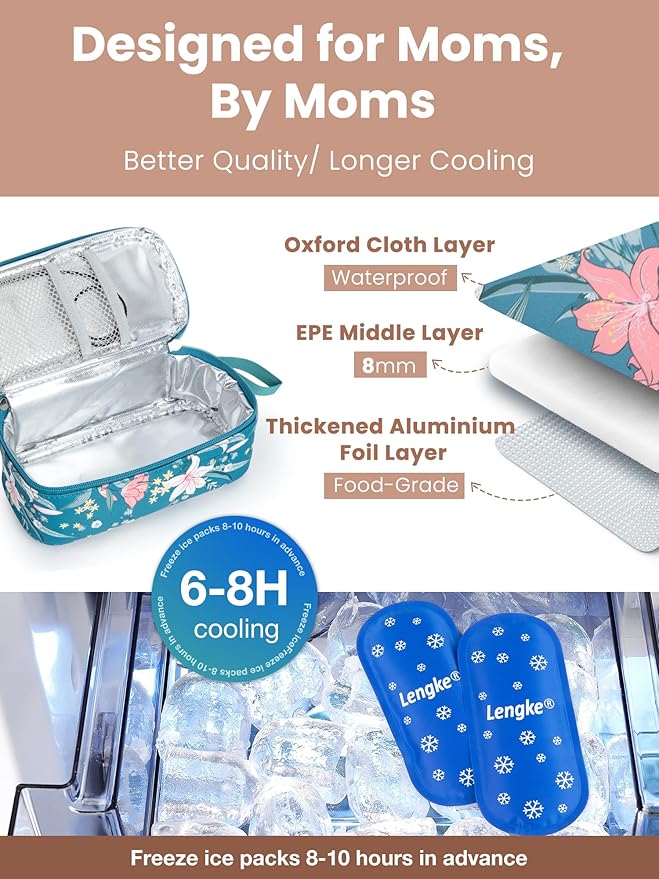 Breast Milk Cooler Travel Bag, Real-Time Temperature Display, Holds 4-6 Breastmilk Storage Bag with 2 Breast Milk Ice Pack, Cooling & Waterproof Portable Cooler for Moms on the Go(lily)