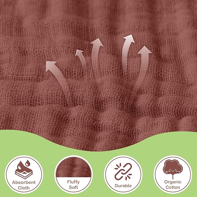 Organic Cotton Muslin Baby Hooded Towels - 32x32 Inch, 2 Pack Newborn Bath Towels for Boys & Girls, Soft & Absorbent Bath Set (Rust/Ivory)