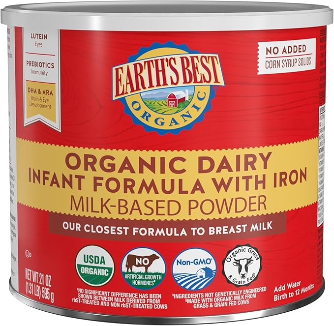 Earth's Best Organic Dairy Infant Formula for Babies 0-12 Months, Milk-Based Powder Formula with Iron, Omega-3 DHA, and Omega-6 ARA, 21 Ounce Container