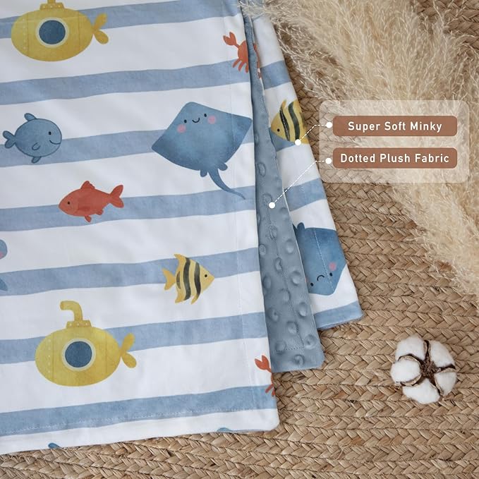 Baby Minky Blanket for Boys Girl, Super Soft Newborn Nursery Blanket with Double Layer Dotted Backing, 30x40 Cozy Printed Bed Throw Blanket, Undersea World