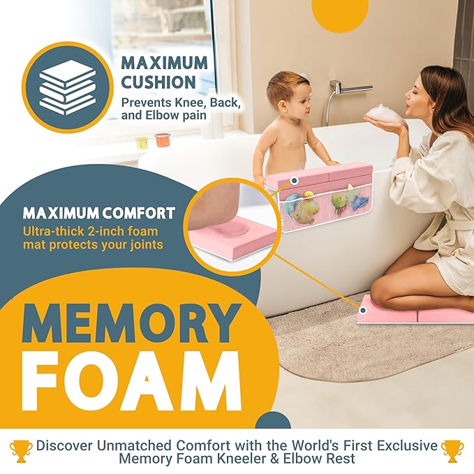 Memory Foam Bath Kneeler and Elbow Rest Pad Set, 2-Inch Thick, Water-Resistant Mat – Baby Bath Time Essentials Cushion and Bath Kneeling Pad for Bathing Baby with Bathtub Toy Organizer (Pink)