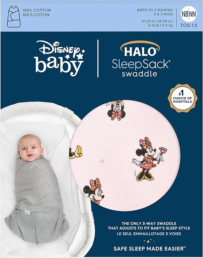 HALO Disney Baby 100% Cotton Sleepsack Swaddle, 3-Way Adjustable Wearable Blanket, TOG 1.5, Minnie Fun, Small, 3-6 Months