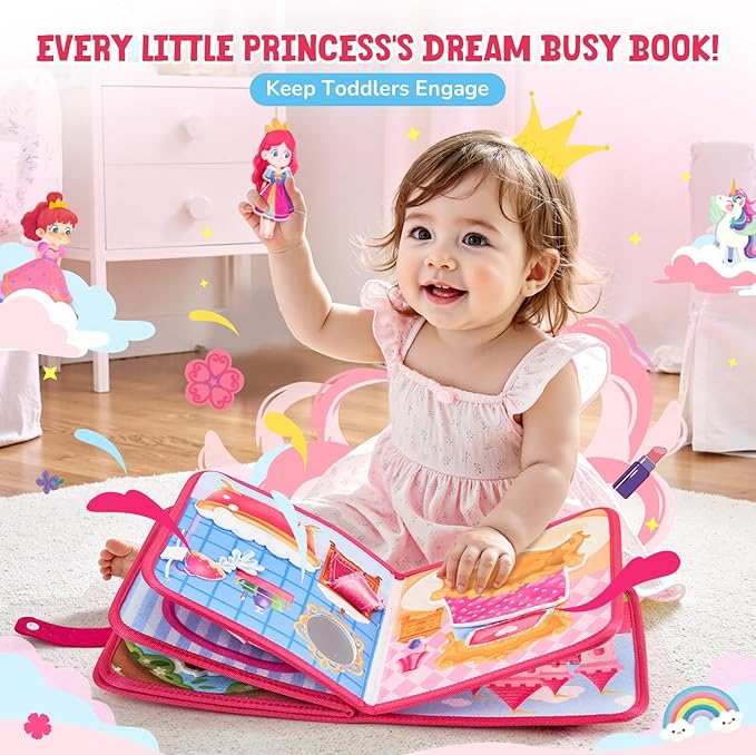JoyCat Travel Toys for Toddlers 1-3, Princess Busy Book – Busy Book for 1 Year Old, Dress-Up, Unicorn & Castle Play –Quiet Toy Fine Motor Skills, Birthday Gift Girls