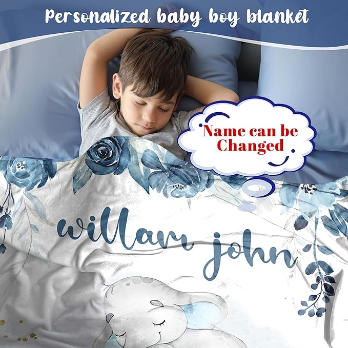 J&SBGFT Personalized Baby Blanket for Boys - Custom Name Receiving Blanket for Toddlers, Kids - Nursery, Stroller, Crib Decor Throw - Blue Elephant Sleeping