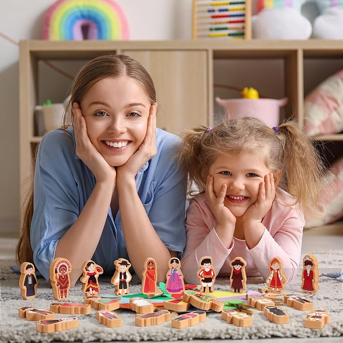 Blosssound 36 Pcs Multicultural Wooden Character Set Small Wooden People Figures Small Diversity Country Couples Wood Blocks for Preschool Classroom Play Games Educational Activity Supplies