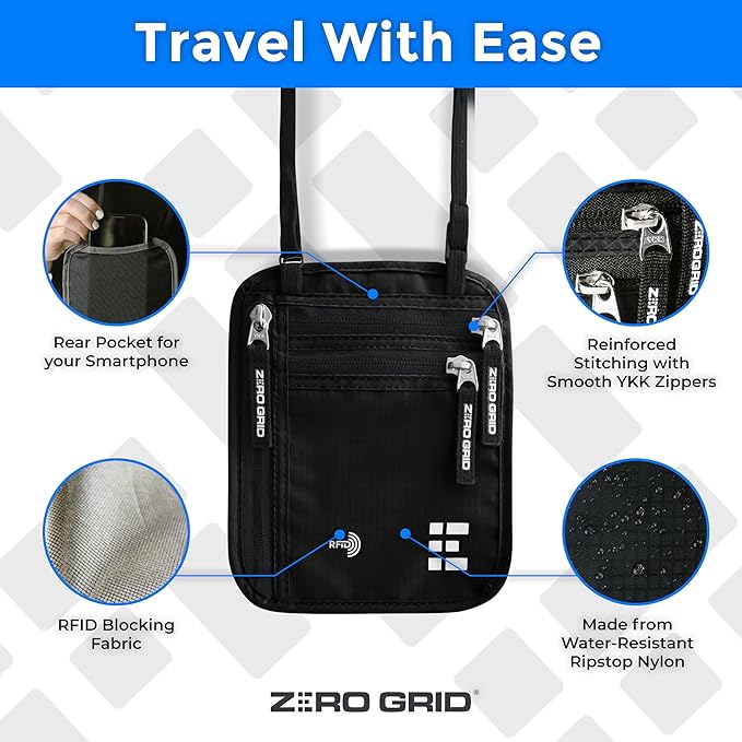 Neck Wallet for Travel & Passport Holder with RFID Blocking - Slim & Easy to Conceal Nylon Travel Pouch for men & women - Holds Phone, Cash, Cards, Keys - Sweat & Water Resistant - Large - Black