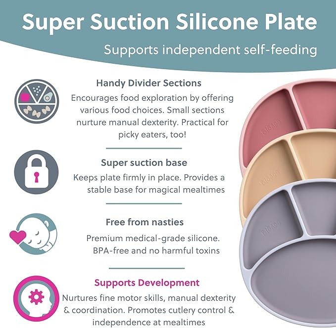 BIBaDO - Silicone Suction Divider Plate (Blush) - Toddler Plates - Help Develop Motor Skills - Durable, Dishwasher & Microwave Safe, BPA Free - Medical Grade - Baby Essentials - 6 Months to 3 Years