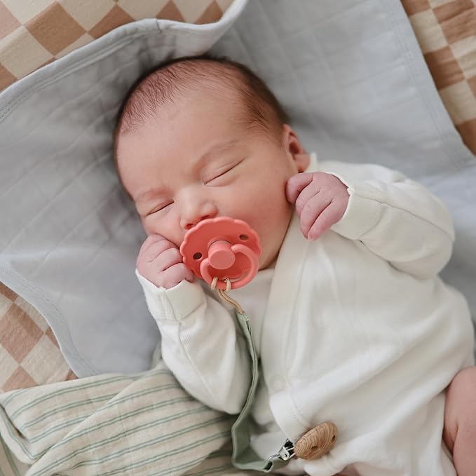 FRIGG Daisy Natural Rubber Baby Pacifier | Made in Denmark | BPA-Free (Pink Cream/Poppy, Size 2) 2-Pack