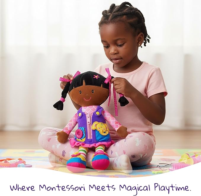 June Garden 15.5" Dressy Friends Scarlett - Educational Stuffed Plush Doll for Kids and Toddlers 2 Years and Up - Montessori Buckle Soft Toy