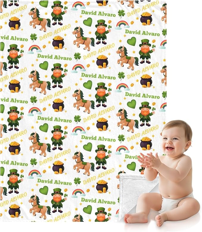 Ship Next Day, Personalized Baby Blanket for Boys Girls - Printed in USA, Custom Name Toddler Blanket with Lucky Horse Pattern, Perfect Newborn Gift