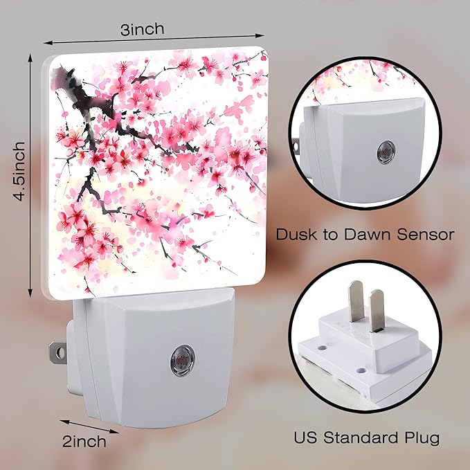 Watercolor Cherry Blossoms Tree Night Light for Kids,Abstract Pink Floral Night Light Plug in with Dusk to Dawn Sensor,0.5w Energy Saving Nightlight for Hallway Stairway Kitchen Bedroom