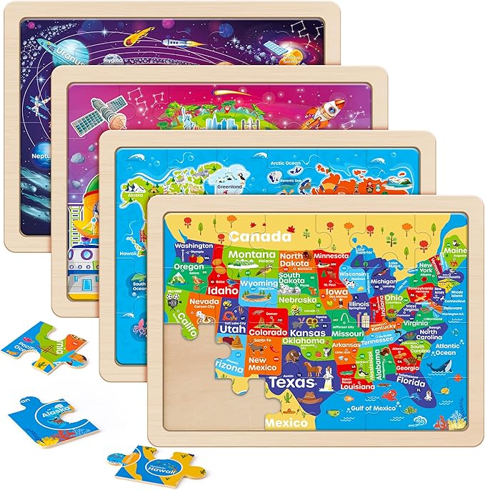 SYNARRY Large US World Earth Solar System Wooden Puzzles for Kids Gift Box(12.2*9.4 in) - FSC Certified, Puzzles for Toddlers 3-5, Puzzles for Kids Ages 4-6, Map Toys Gifts for 3 4 5 Year Old Boy Girl