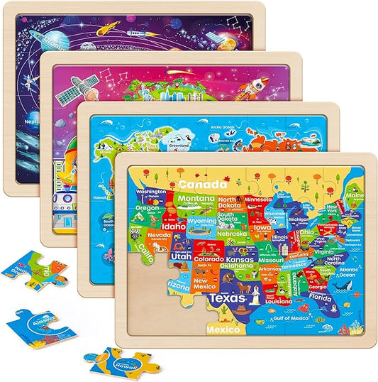 SYNARRY Large US World Earth Solar System Wooden Puzzles for Kids Gift Box(12.2*9.4 in) - FSC Certified, Puzzles for Toddlers 3-5, Puzzles for Kids Ages 4-6, Map Toys Gifts for 3 4 5 Year Old Boy Girl