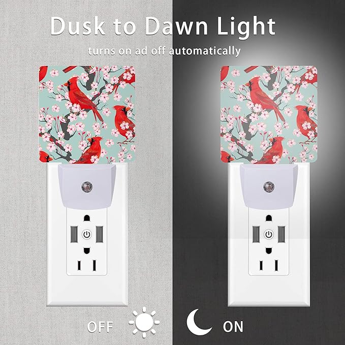 Red Cardinal Night Light,Blooming Cherry Night Lights Plug into Wall for Boys Girls, Led Lights Indoor Home Decor 0.5W Nightlight Sleep Friendly