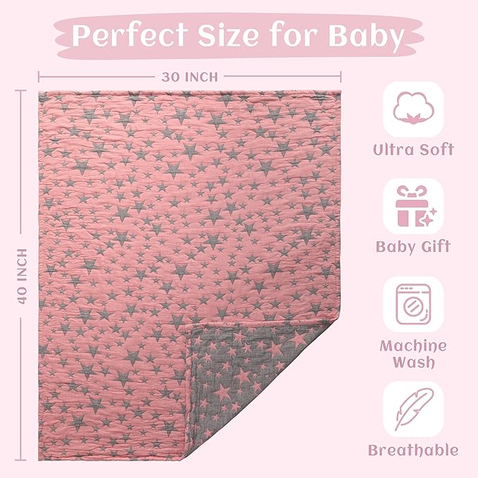 NTBAY 3 Layer Toddler Blanket, Muslin Cotton Jacquard Bed Blankets, Lightweight Thermal Baby Blanket, Super Soft and Warm Crib Blanket for All Seasons, Decoration Gift, 30"x40", Red and Black Star