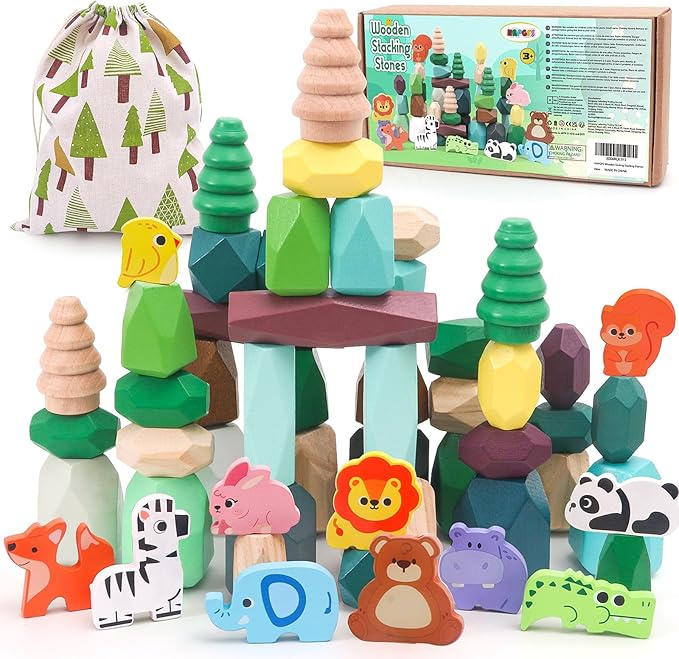 Wooden Stacking Rocks Toys Set for Kids Educational Stacking Blocks Building Blocks for Toddlers 1-3 Forest Theme Montessori Toys Creative Stacking Game for Children