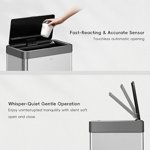 EKO Mirage-X 47 Liter / 12.4 Gallon Touchless Rectangular Motion Sensor Trash Can with Removable Liner, Brushed Stainless Steel Finish