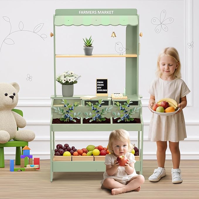 PairPear Wooden Mud Grocery Stand, 2-in-1 Outdoor Market Stand & Mud Kitchen for Kids Outdoor, Montessori Pretend Play Toy with 14 Accessories, Cash Register & Play Food, Ages 3+ in Green