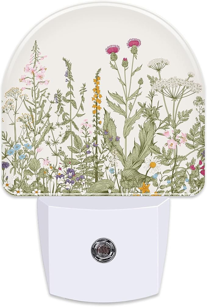 Herbs and Wild Flowers Night Light for Kids,Watercolor Green Botanical Floral Leaves Night Light Plug in with Dusk to Dawn Sensor,0.5w Energy Saving Nightlight for Hallway Stairway Kitchen Bedroom