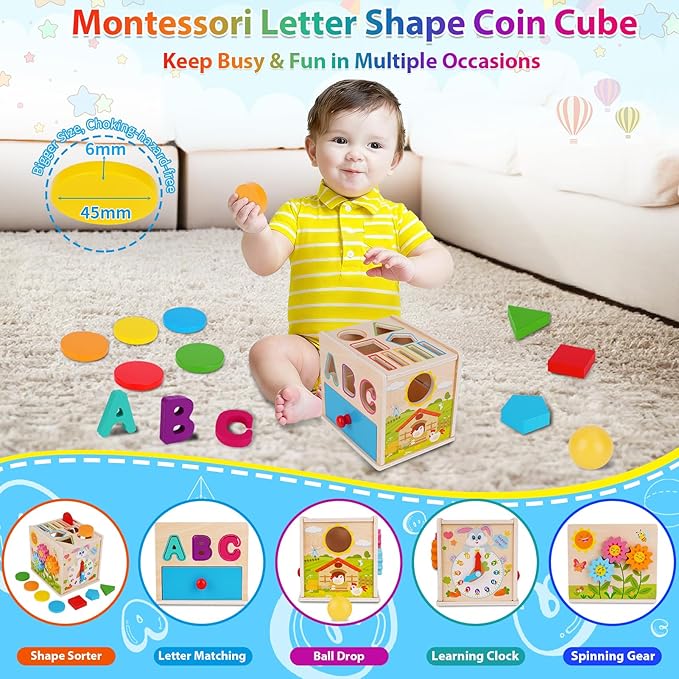 FCSONU Toddlers Montessori Toys for 1 2 3 Year Old Boys Girls, Wooden Baby Montessori Coin Box Toys for Toddlers 1-3, Shape Sorting Sensory Toys for Ages 2-3, Christmas & 1st Birthday Gifts for Kids