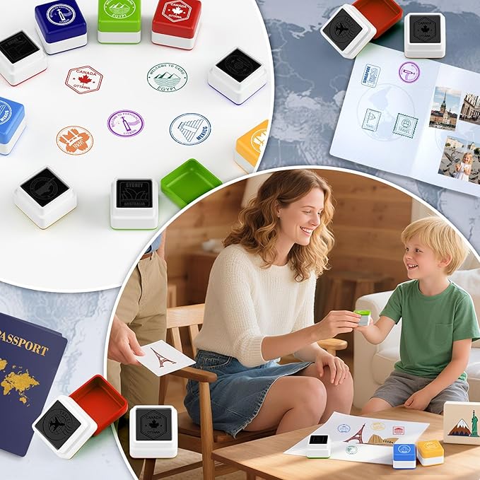 28 Pcs Passport Stamps for Kids with Storage Box – City and Country Rubber Stamp Set for Learning, Travel Theme, Arts and Crafts, Scrapbooking, Classroom Activities