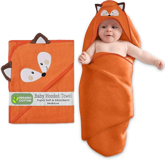 Mother's Choice Organic Baby Hooded Towel Ultra Soft & Absorbent Bath Wearable for Newborns, Infants, 3D Orange Fox Design